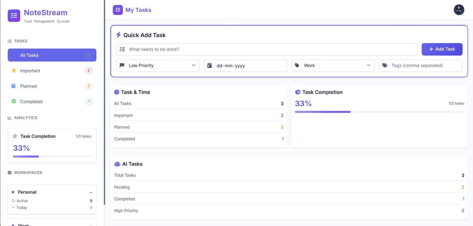 Screenshot of NoteStream — A sleek task manager with AI-powered suggestions
